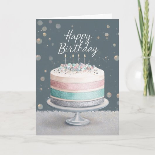 Carte Soft Pastels Pink, Teal & Silver Birthday Cake (Devant)