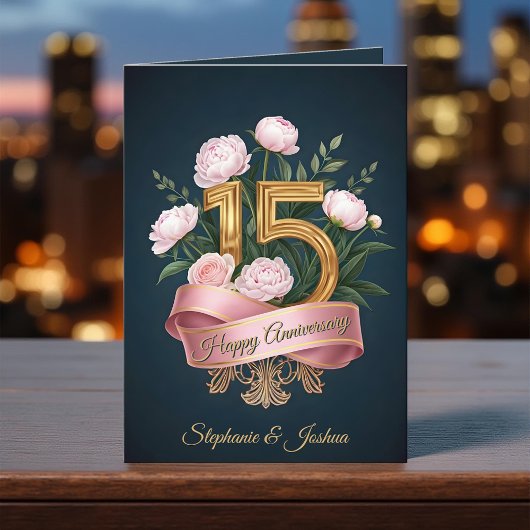 Carte Soft Pink Peonies & Gold 15e anniversaire Mariage