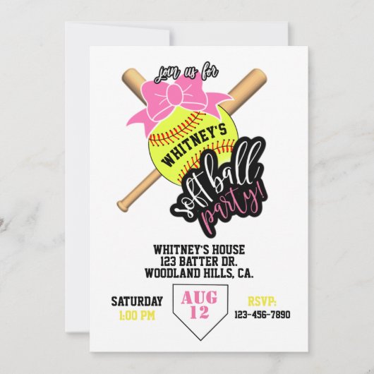 Carte softball, soirée softball, thème de baseball, fill (Devant)
