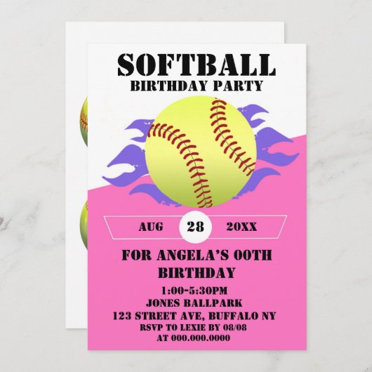 Carte Soirée d'anniversaire de softball Fire (Devant / Derrière)