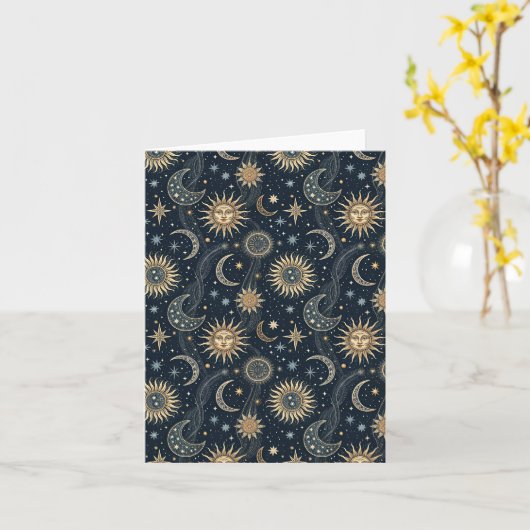 Carte Soleil céleste et lune Design d'art cosmique noir (Fleur jaune)