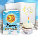 Carte Soleil Son Anniversaire Jaune Souriant<br><div class="desc">Faites que votre Fils se sente spécial pour son anniversaire en lui envoyant ce joyeux souriant soleil Jaune et orange flottant dans le ciel bleu avec des nuages. Dans le texte dit "Le soleil a commencé à briller juste un peu plus brillant le jour de votre naissance."</div>