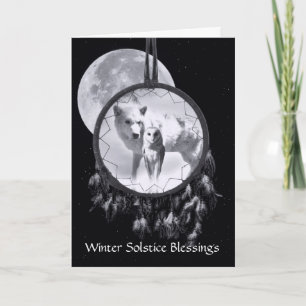 Carte Solstice d'hiver Loup blanc et Dreamcatcher d'hibo