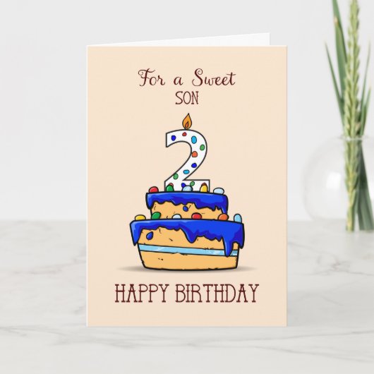 Carte Son 2e anniversaire, 2 sur le gâteau bleu doux (Devant)