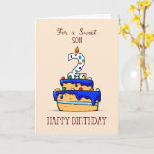 Carte Son 2e anniversaire, 2 sur le gâteau bleu doux (Fleur jaune)