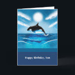 Carte Son anniversaire avec Orca Whale dans l'océan<br><div class="desc">Souhaitez à votre fils une baleine de bon temps,  car il célèbre son anniversaire très bientôt. Cette carte montre une baleine à orques sautant de l'océan sur le devant. Parfait pour un fils qui aime les animaux marins.</div>