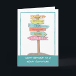 Carte Son en droit Anniversaire Amusants Signal Bonne Qu<br><div class="desc">Célébrez l'anniversaire de votre gendre extraordinaire avec cette carte chaleureuse qui capte ses qualités exceptionnelles et plus encore. L'illustration dessinée à la main montre un panneau avec des directions différentes, chaque panneau portant des mots comme "gentil", "généreux", "fort", "beau", "aimant" et "intelligent". Cette carte réfléchie est un hommage sincère, rappelant...</div>