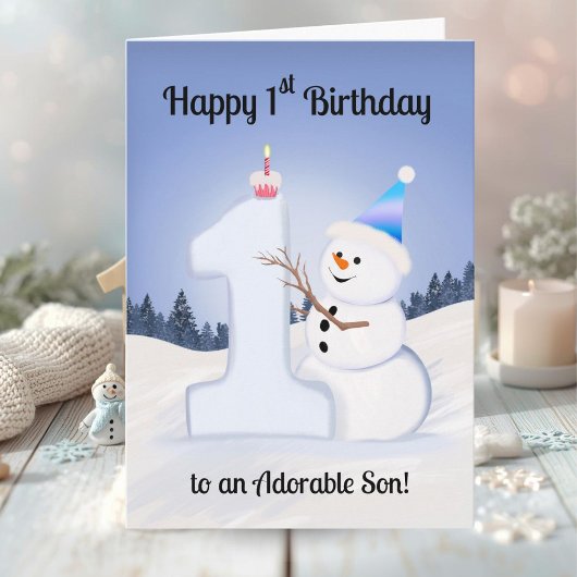 Carte Son Happy 1st Birthday Snowman Building