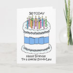 Carte Son in Law Joyeux 50e anniversaire<br><div class="desc">Illustration d'un gâteau d'anniversaire blanc recouvert de bougies,  d'un arc bleu et de petites fleurs bleues. Les mots ''50 Today Happy Birthday to a special gendre' accompagnent l'image.</div>