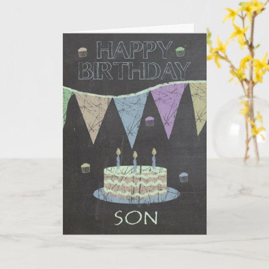 Carte Son Tendance Chalk Board Effet, Avec Gâteau Annive (Fleur jaune)