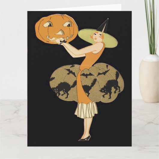 Carte Sorcière Art Déco Citrouille Jack O Lantern Chat N (Devant)