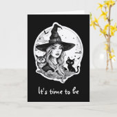 Carte Sorcière avec un chat et une chouette - Halloween  (Fleur jaune)