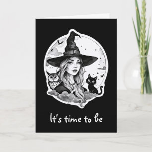 Carte Sorcière avec un chat et une chouette - Halloween 