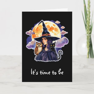 Carte Sorcière avec un chat et une chouette - Halloween