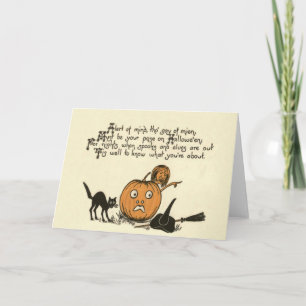 Carte Sorcière Chat Noir Citrouille Lanterne Poème