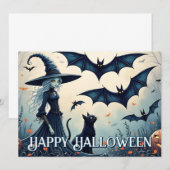 Carte Sorcière, chat noir et chauves-souris dans le ciel (Devant / Derrière)