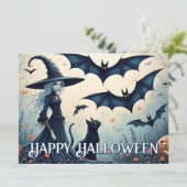 Carte Sorcière, chat noir et chauves-souris dans le ciel (Debout devant)