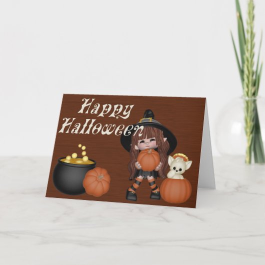 Carte Sorcière, Citrouille, Chat & Cauldron Joyeux Hallo (Devant)