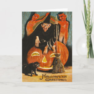 Carte Sorcière Citrouille Diable Démon Chat Noir