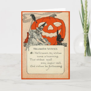 Carte Sorcière Citrouille Lanterne Chat Noir Corbeau