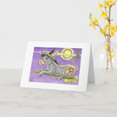 Carte Sorcière d'âne de Halloween et balai de vol (Fleur jaune)