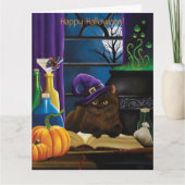 Carte Sorcière d'Halloween Chat Violet Magie (Devant)