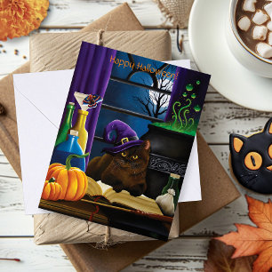 Carte Sorcière d'Halloween Chat Violet Magie