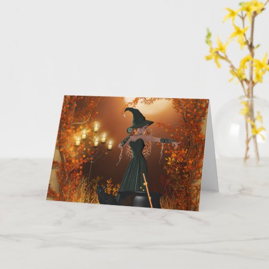 Carte Sorcière d'Halloween d'automne (Fleur jaune)