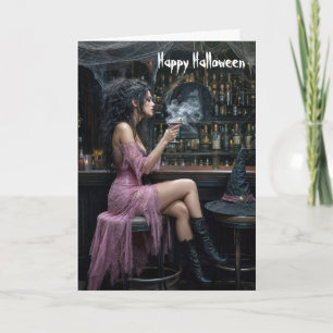 Carte Sorcière d'Halloween en robe rose