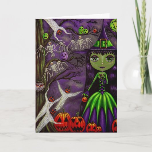 Carte Sorcière d'Halloween en violet et vert (Devant)