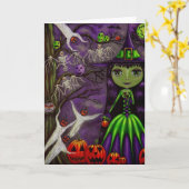 Carte Sorcière d'Halloween en violet et vert (Fleur jaune)
