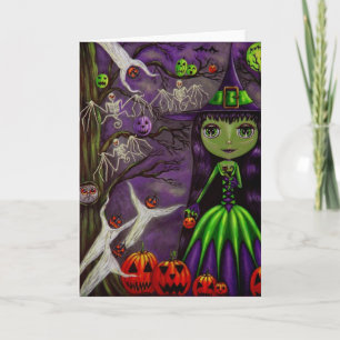 Carte Sorcière d'Halloween en violet et vert