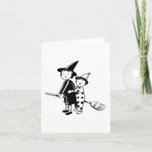 Carte Sorcière d'Halloween et clown chevauchant un balai