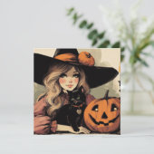 Carte Sorcière d'Halloween rétro avec chat noir et Citro (Debout devant)