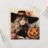 Carte Sorcière d'Halloween rétro avec chat noir et Citro (Devant/Arrière en situation)