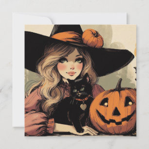 Carte Sorcière d'Halloween rétro avec chat noir et Citro