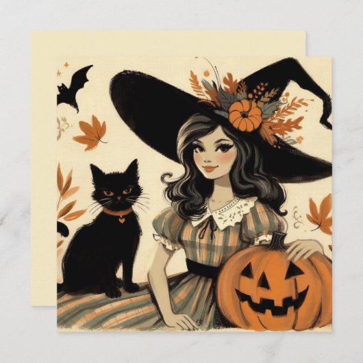 Carte Sorcière d'Halloween Rétro et Chat Noir Mignon (Devant / Derrière)