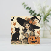 Carte Sorcière d'Halloween Rétro et Chat Noir Mignon (Debout devant)