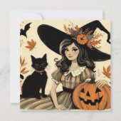 Carte Sorcière d'Halloween Rétro et Chat Noir Mignon (Devant)