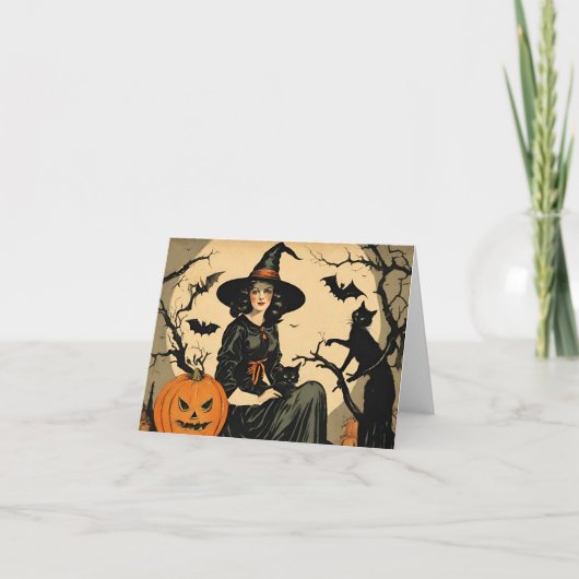 Carte Sorcière d'Halloween vintage, Citrouille, Chat noi (Devant)