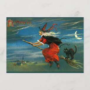 Carte Sorcière d'Halloween volante avec chat