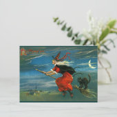 Carte Sorcière d'Halloween volante avec chat (Debout devant)