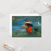 Carte Sorcière d'Halloween volante avec chat (Devant/Arrière en situation)