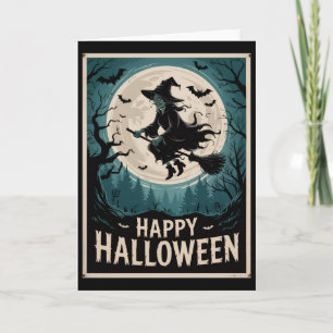 Carte Sorcière Éffrayante d'Halloween traversant une Ple