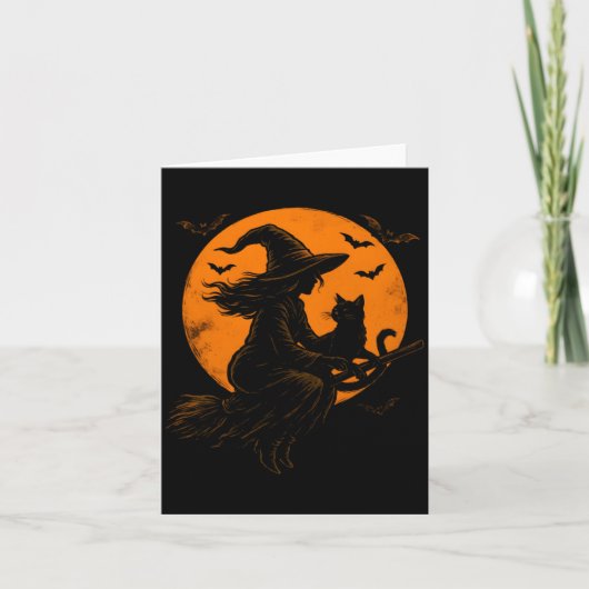 Carte Sorcière et chat mignon, chaton noir pour Hallowee (Devant)