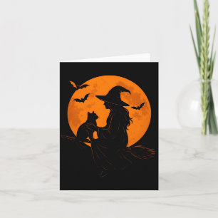 Carte Sorcière et chat mignon, chaton noir pour Hallowee