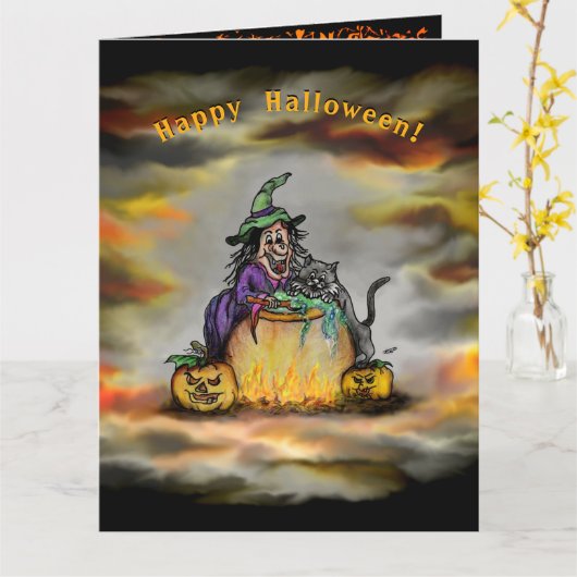 Carte Sorcière et chat noir, Happy Halloween ! (Fleur jaune)