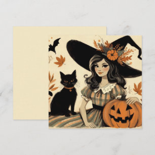 Carte Sorcière et chat noir rétro Halloween mignons