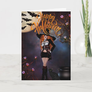 Carte Sorcière gothique et sa chatte noire Joyeux Hallow