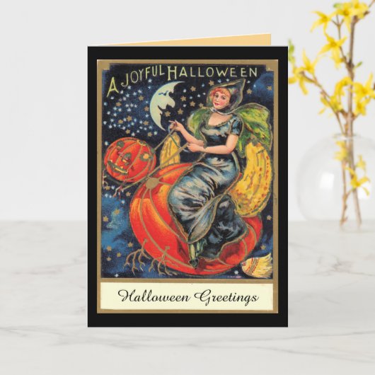 Carte Sorcière volant citrouille (Fleur jaune)